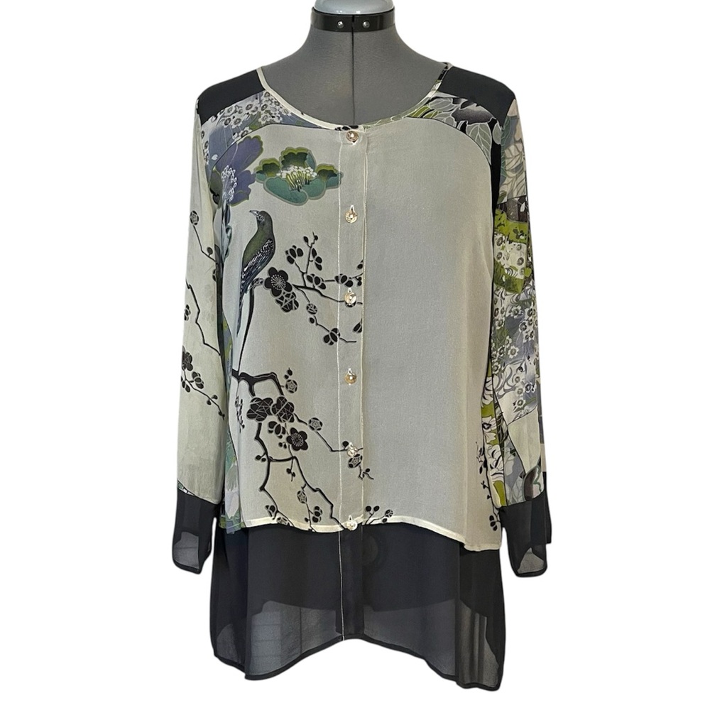 Citron Santa Monica Silk button front tunic blouse top L